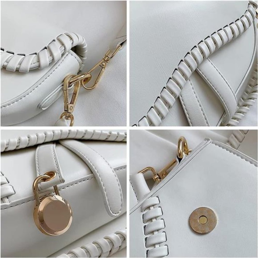 White Braided Faux Leather Mini Saddle Purse Shoulder Mini Crossbody Bag Handbag - Picture 6 of 7
